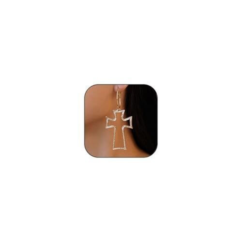 8580 Chunky Gold Cross Earrings Silver Big Hollow Cross Dangle Drop